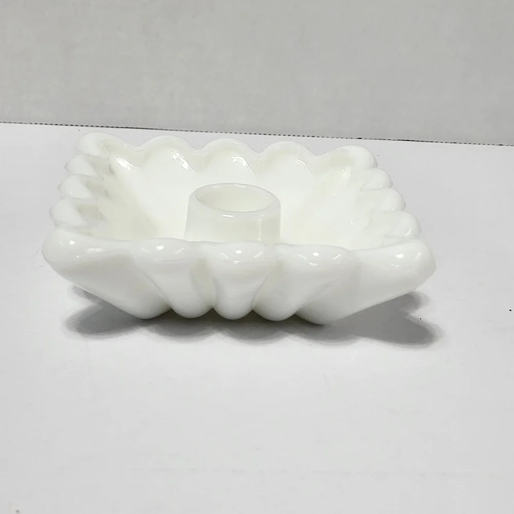 Vintage White Milk Glass Square Scalloped Ruffle Taper Candle Holder 4.5 inch